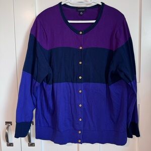 Lands’ End Color Block Cardigan Sweater Purple Blue Women’s Size 1X 100% Cotton